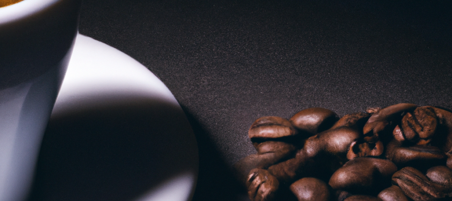 Granos de café Robusta acompañando una taza con bebida hecha con dichos granos